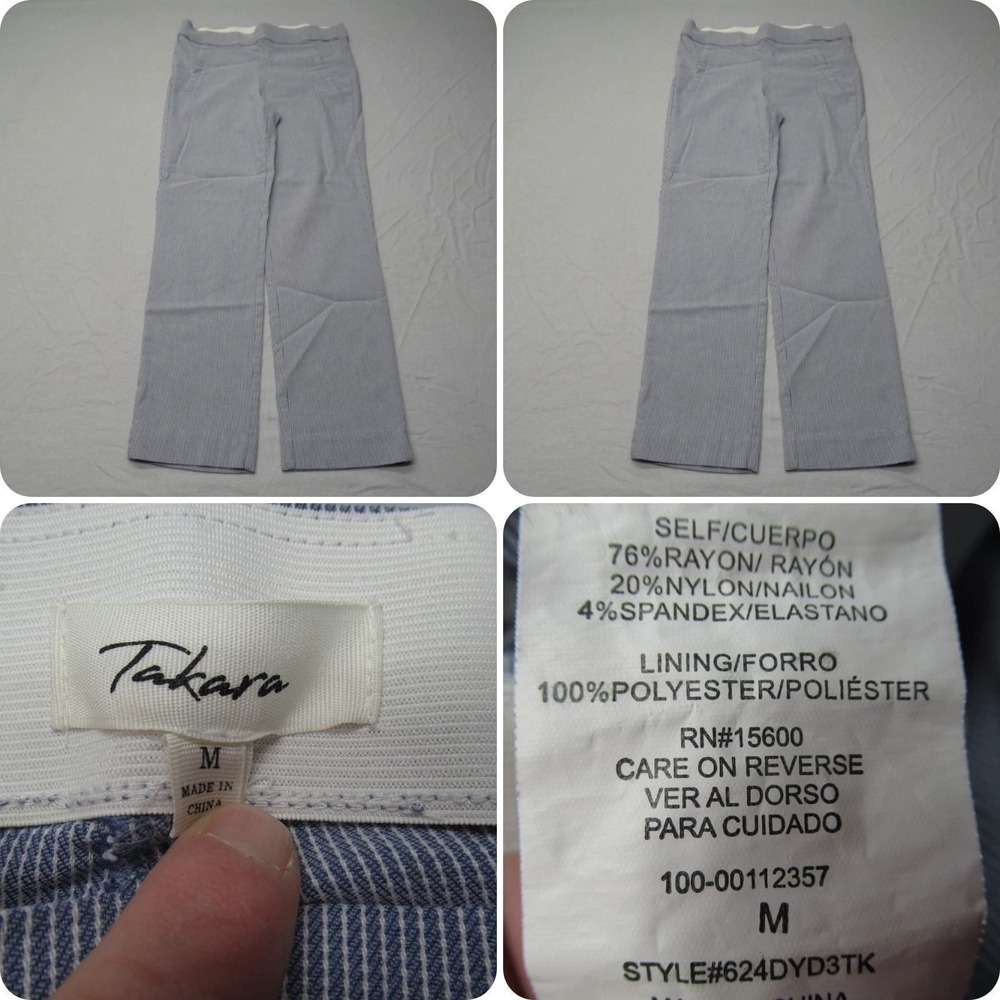 Takara Pants Women Medium Blue Striped Pull On Stretch Straight Modern 29x26